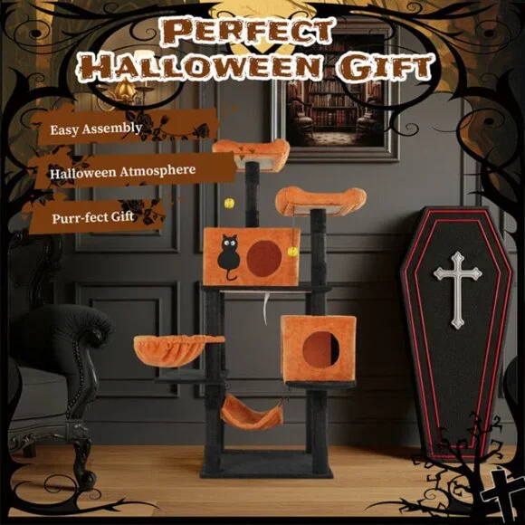 WhatDaDog 60 Cat Tree Spooky Halloween Cat Scratcher Post Cat Tower Fall Theme